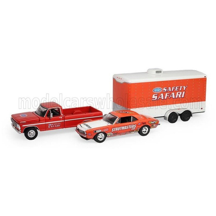 GREENLIGHT FORD USA F-250 PICK-UP 1969 + CHEVROLET Z/28 CAMARO COUPE WITH TRAILER SAFETY SAFARI - ORANGE WHITE 1/64