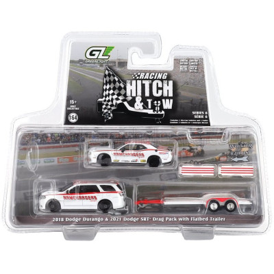 GREENLIGHT DODGE DURANGO 2018 + CHALLENGER R/T HEMI COUPE 2016 RAMCHARGERS WITH TRAILER - WHITE RED 1/64