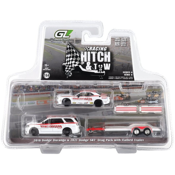 GREENLIGHT DODGE DURANGO 2018 + CHALLENGER R/T HEMI COUPE 2016 RAMCHARGERS WITH TRAILER - WHITE RED 1/64