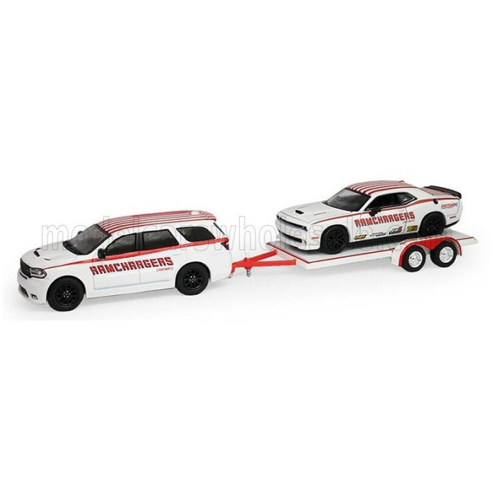 GREENLIGHT DODGE DURANGO 2018 + CHALLENGER R/T HEMI COUPE 2016 RAMCHARGERS WITH TRAILER - WHITE RED 1/64