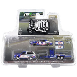 GREENLIGHT CHEVROLET K5 BLAZER SILVERADO 1986 + CHEVROLET CAMARO N 5 RACING 1969 WITH TRAILER - WHITE BLUE 1/64
