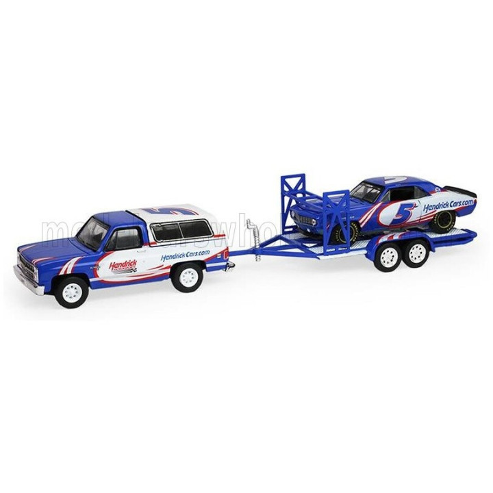 GREENLIGHT CHEVROLET K5 BLAZER SILVERADO 1986 + CHEVROLET CAMARO N 5 RACING 1969 WITH TRAILER - WHITE BLUE 1/64