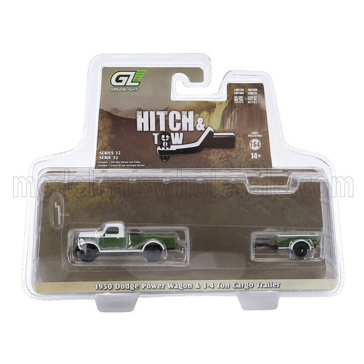 GREENLIGHT DODGE PAWER WAGON PICK-UP WITH CARGO TRAILER 1950 - GREEN WHITE 1/64
