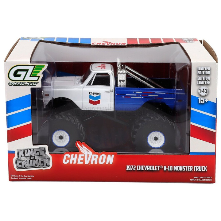GREENLIGHT CHEVROLET K-10 PICK-UP MONSTER TRUCK CHEVRON 1972 - WHITE BLUE 1/43