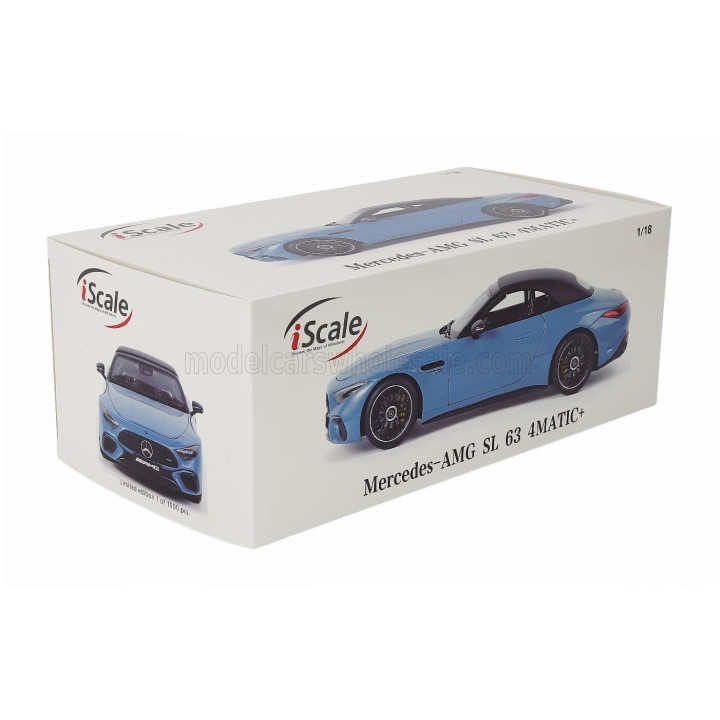 I SCALE MERCEDES BENZ SL-CLASS SL63 AMG (R232) 4MATIC CABRIOLET SPIDER 2021 - LIGHT BLUE BLACK 1/18