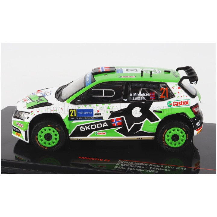 IXO MODELS ŠKODA FABIA RALLY2 EVO N 21 RALLY ESTLAND 2022 A.MIKKELSEN - T.ERIKSEN - GREEN WHITE BLACK 1/43
