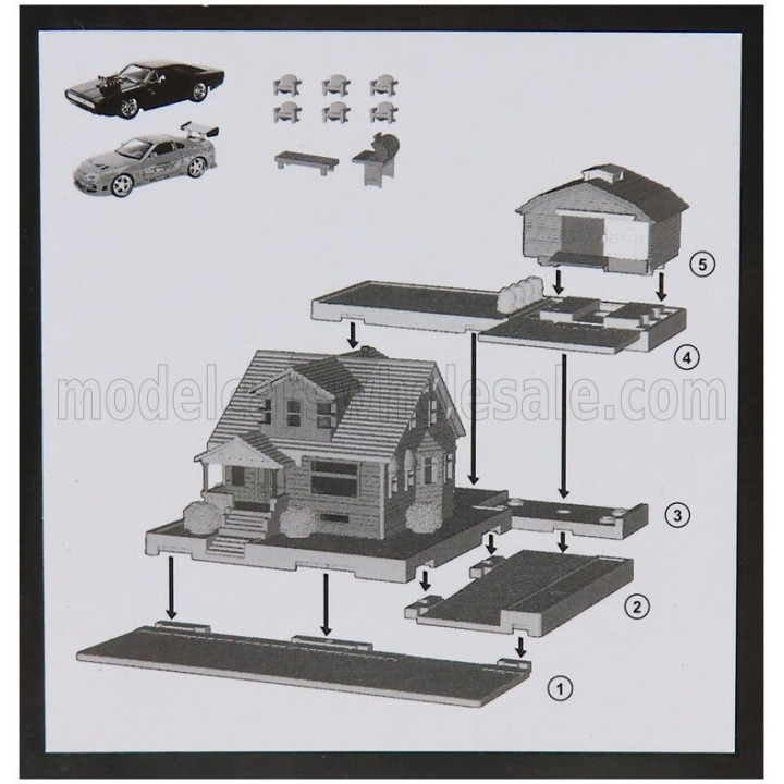 JADA ACCESSORIES DIORAMA 2X CARS WITH TORETTO'S HOUSE - FAST & FURIOUS - VARIOUS 1/100