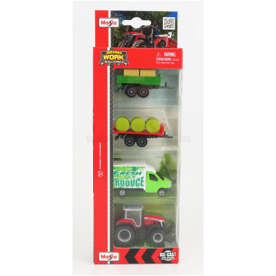 MAISTO MASSEY FERGUSON SET 4X 8S.265 TRACTOR 2020 - TRUCK - TRAILER - GREEN RED 1/64