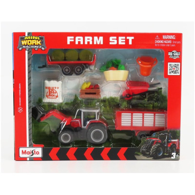 MAISTO MASSEY FERGUSON FARM SET 8S.285 TRACTOR WITH ACCESSORIES 2018 - RED GREY 1/64