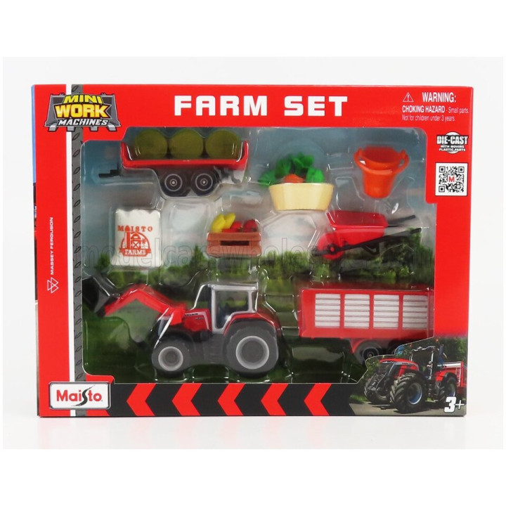 MAISTO MASSEY FERGUSON FARM SET 8S.285 TRACTOR WITH ACCESSORIES 2018 - RED GREY 1/64