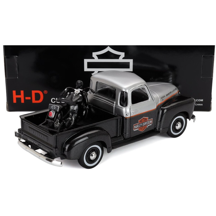MAISTO CHEVROLET 3100 PICK-UP 1950 + MOTORCYCLE HARLEY DAVIDSON FL PANHEAD 1948 - BLACK SILVER 1/24