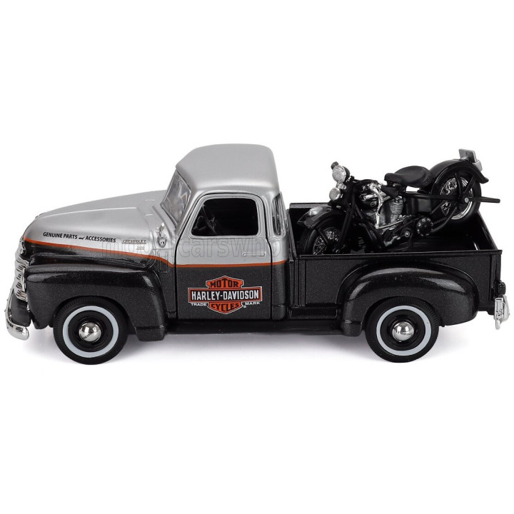 MAISTO CHEVROLET 3100 PICK-UP 1950 + MOTORCYCLE HARLEY DAVIDSON FL PANHEAD 1948 - BLACK SILVER 1/24