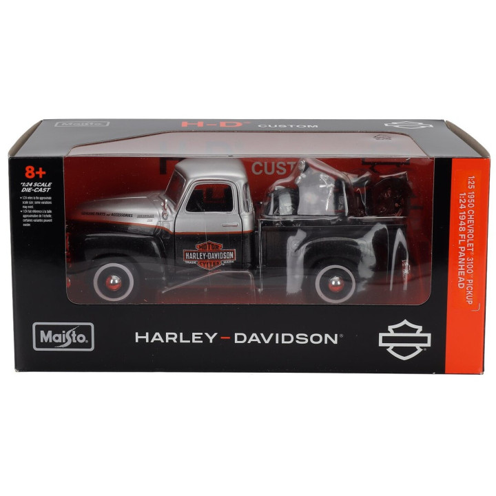 MAISTO CHEVROLET 3100 PICK-UP 1950 + MOTORCYCLE HARLEY DAVIDSON FL PANHEAD 1948 - BLACK SILVER 1/24