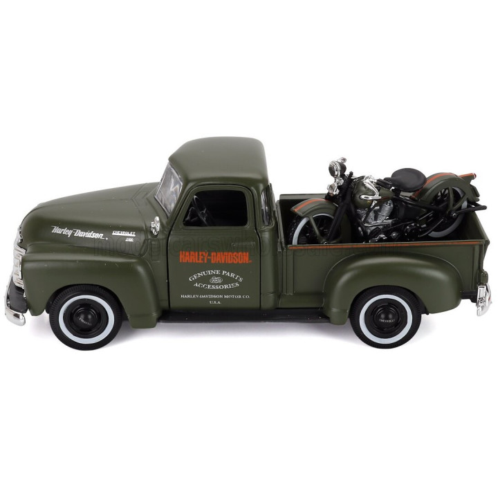 MAISTO CHEVROLET 3100 PICK-UP 1950 + MOTORCYCLE HARLEY DAVIDSON EL KNUCKLEHEAD 1936 - GREEN 1/24