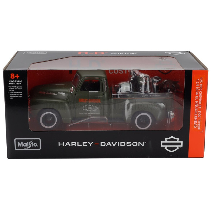 MAISTO CHEVROLET 3100 PICK-UP 1950 + MOTORCYCLE HARLEY DAVIDSON EL KNUCKLEHEAD 1936 - GREEN 1/24