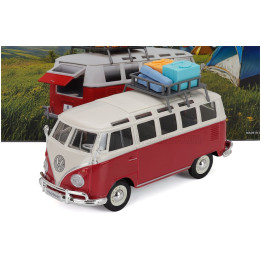 MAISTO VOLKSWAGEN T1 MINIBUS SAMBA 1962 WITH ROOF RACK AND ACCESSORIES - RED WHITE 1/25