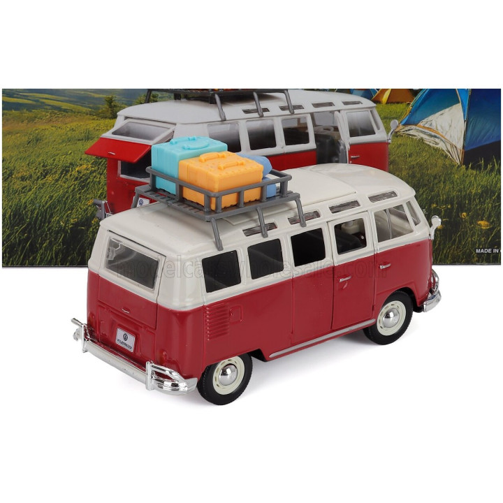 MAISTO VOLKSWAGEN T1 MINIBUS SAMBA 1962 WITH ROOF RACK AND ACCESSORIES - RED WHITE 1/25