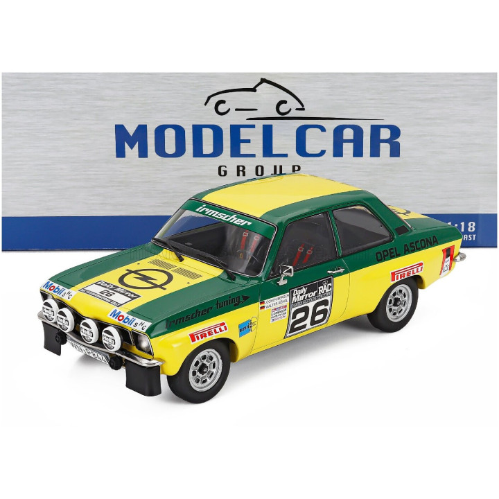 MCG OPEL ASCONA A (night version) N 26 RALLY RAC LOMBARD 1973 WALTER ROHRL - JOCHEN BERGER - GREEN YELLOW 1/18
