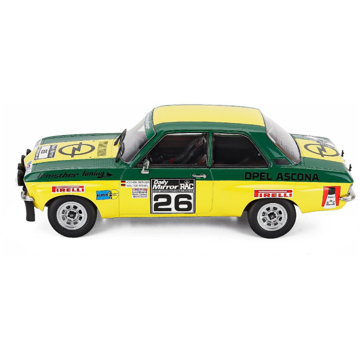 MCG OPEL ASCONA A (night version) N 26 RALLY RAC LOMBARD 1973 WALTER ROHRL - JOCHEN BERGER - GREEN YELLOW 1/18