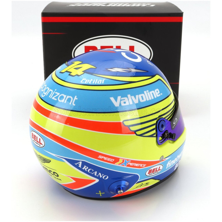 MINI HELMET BELL HELMET CASCO HELMET F1 FERNANDO ALONSO TEAM ASTON MARTIN ARAMCO COGNIZANT N 14 SEASON 2024 - YELLOW BLUE 1/2