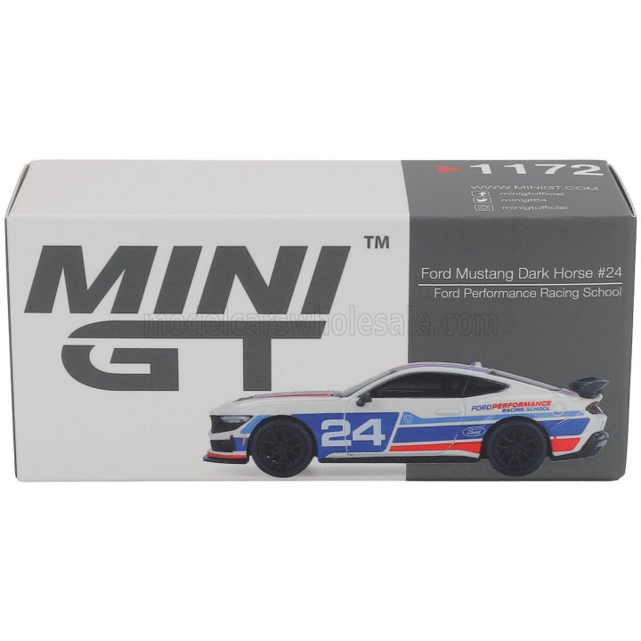 MINI GT FORD USA MUSTANG DARK HORSE N 24 FORD PERFORMANCE RACING SCHOOL 2025 - WHITE BLUE RED 1/64