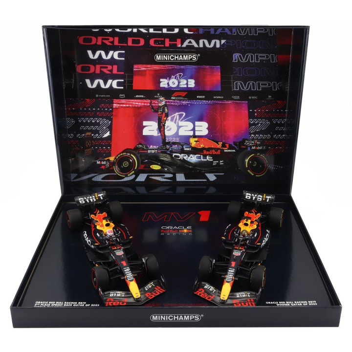 MINICHAMPS RED BULL SET 2X F1 RB19 TEAM ORACLE RED BULL RACING N 1 WORLD CHAMPION 2nd SPRINT RACE + WINNER QATAR GP 2023 MAX