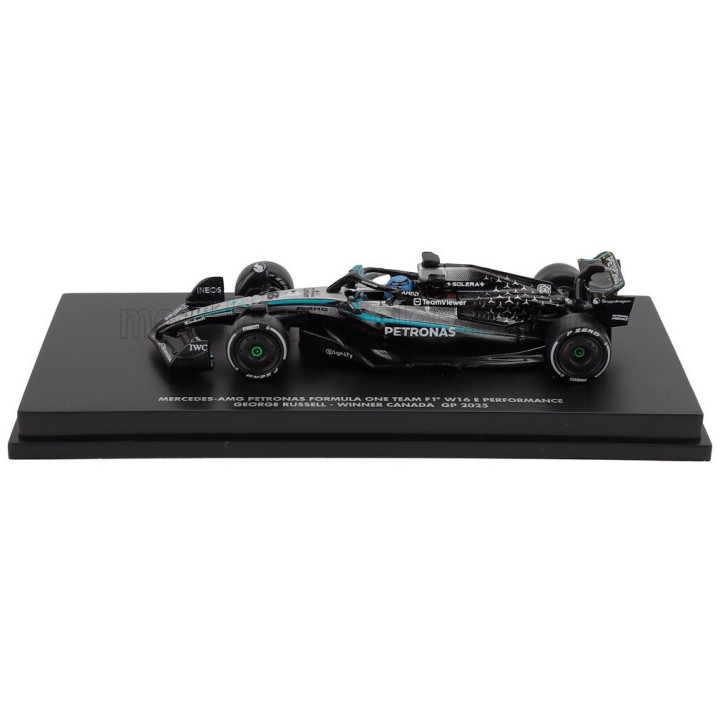 MINICHAMPS MERCEDES GP F1 W16 TEAM AMG PETRONAS MOTORSPORT N 63 WINNER CANADA GP 2025 GEORGE RUSSELL - BLACK SILVER GREEN 1/64