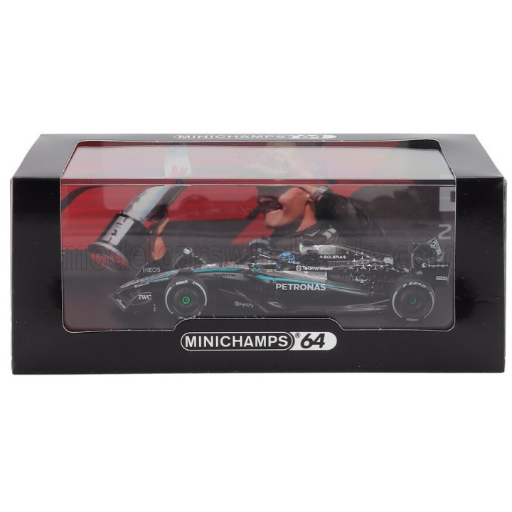 MINICHAMPS MERCEDES GP F1 W16 TEAM AMG PETRONAS MOTORSPORT N 63 WINNER CANADA GP 2025 GEORGE RUSSELL - BLACK SILVER GREEN 1/64