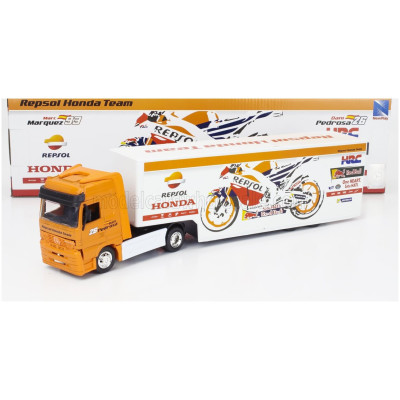NEWRAY MERCEDES BENZ ACTROS 1857 TRUCK TEAM HONDA RC213V REPSOL BIKE TRANSPORTER N 93 WORLD CHAMPION MARC MARQUEZ - N 26 DANI