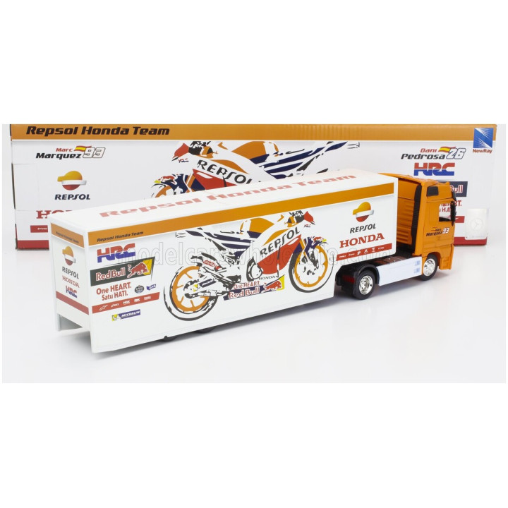 NEWRAY MERCEDES BENZ ACTROS 1857 TRUCK TEAM HONDA RC213V REPSOL BIKE TRANSPORTER N 93 WORLD CHAMPION MARC MARQUEZ - N 26 DANI