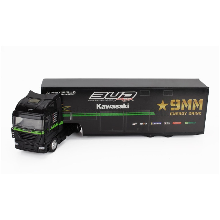 NEWRAY IVECO FIAT STRALIS 540 TRUCK TEAM KAWASAKI BUD RACING BIKE CROSS TRANSPORTER 2009 - BLACK 1/43