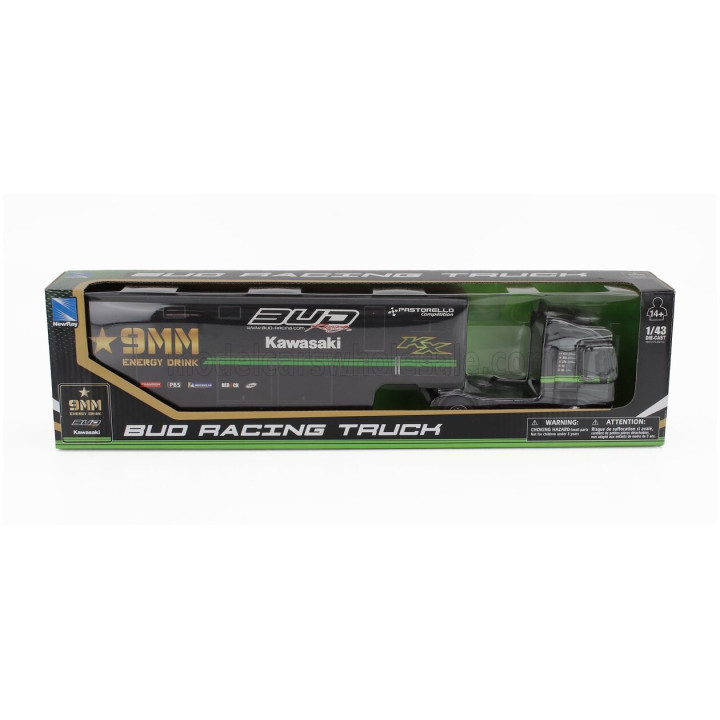 NEWRAY IVECO FIAT STRALIS 540 TRUCK TEAM KAWASAKI BUD RACING BIKE CROSS TRANSPORTER 2009 - BLACK 1/43