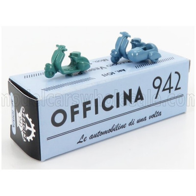 OFFICINA 942 PIAGGIO SET 2X VESPA 98 + VESPA 98 SIDECAR 1946 - GREEN LIGHT BLUE 1/76