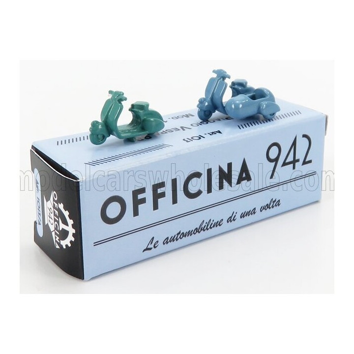 OFFICINA 942 PIAGGIO SET 2X VESPA 98 + VESPA 98 SIDECAR 1946 - GREEN LIGHT BLUE 1/76