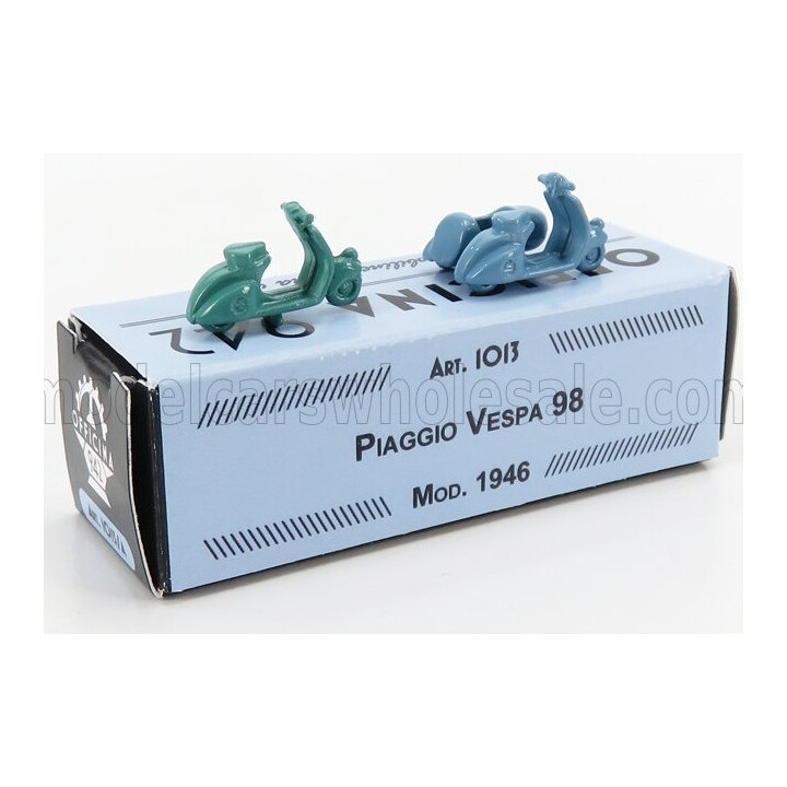 OFFICINA 942 PIAGGIO SET 2X VESPA 98 + VESPA 98 SIDECAR 1946 - GREEN LIGHT BLUE 1/76