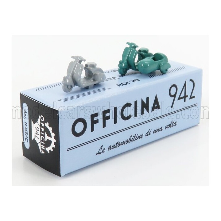 OFFICINA 942 PIAGGIO SET 2X VESPA 98 + VESPA 98 SIDECAR 1946 - LIGHT GREY GREEN 1/76