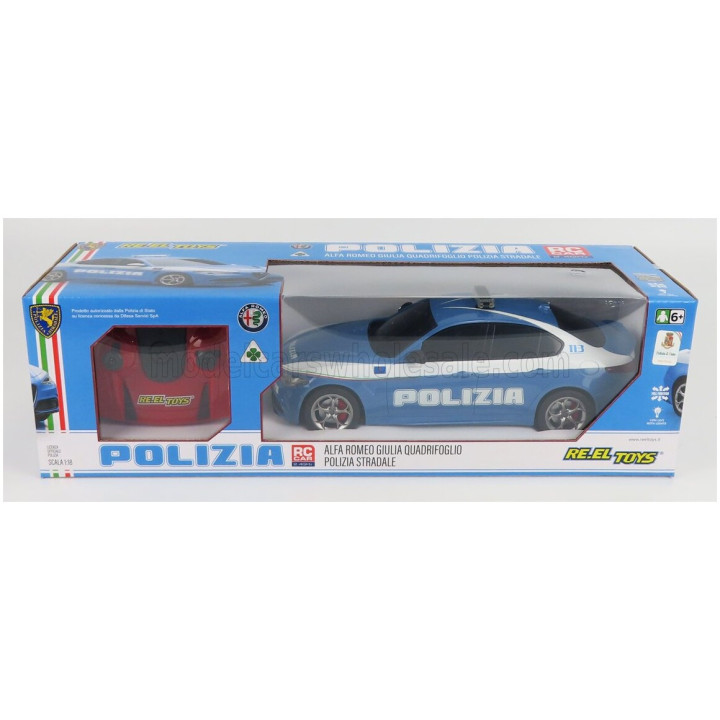 RE EL TOYS ALFA ROMEO GIULIA QUADRIFOGLIO POLIZIA STRADALE 2015 - LIGHT BLUE WHITE 1/18