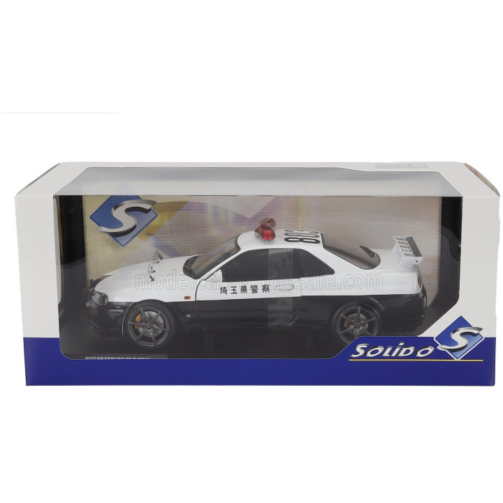 SOLIDO NISSAN SKYLINE 34 GT-R (BNR34) JAPAN POLICE 2019 - WHITE BLACK 1/18
