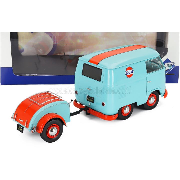 SOLIDO VOLKSWAGEN T1 VAN KOOL COMBI WITH TRAILER GULF OIL TRIBUTE 1950 - LIGHT BLUE ORANGE 1/18
