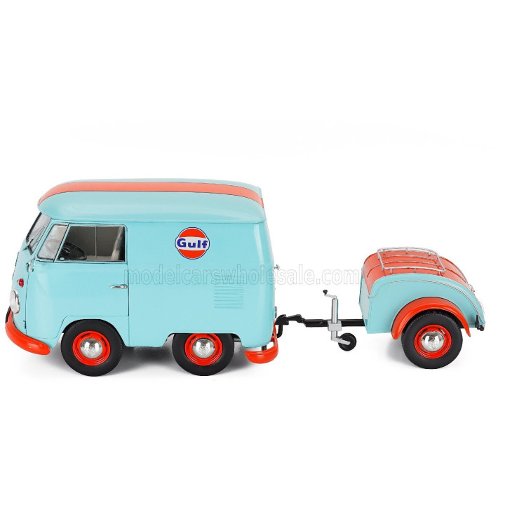 SOLIDO VOLKSWAGEN T1 VAN KOOL COMBI WITH TRAILER GULF OIL TRIBUTE 1950 - LIGHT BLUE ORANGE 1/18