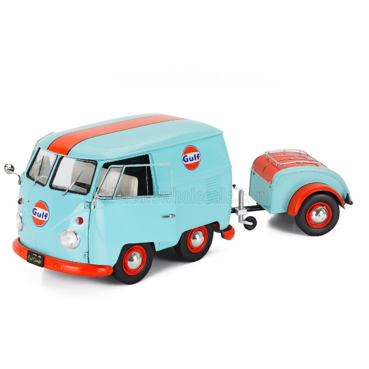 SOLIDO VOLKSWAGEN T1 VAN KOOL COMBI WITH TRAILER GULF OIL TRIBUTE 1950 - LIGHT BLUE ORANGE 1/18