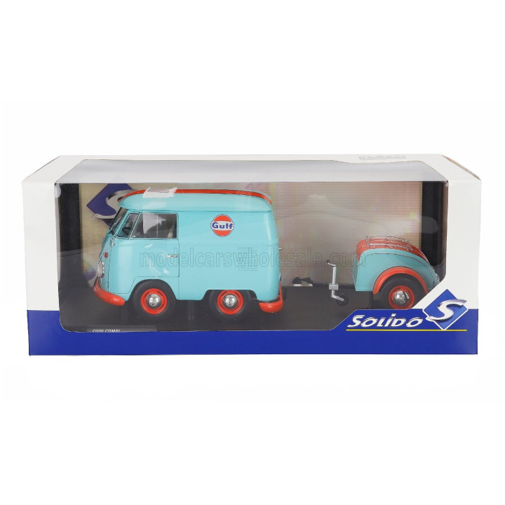 SOLIDO VOLKSWAGEN T1 VAN KOOL COMBI WITH TRAILER GULF OIL TRIBUTE 1950 - LIGHT BLUE ORANGE 1/18