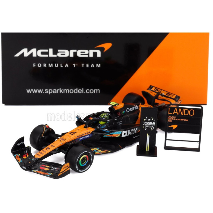SPARK MODEL McLAREN F1 MCL39 TEAM MCLAREN N 4 WORLD CHAMPION 3rd ABU DHABI GP WITH PIT BOARD 2025 LANDO NORRIS - ORANGE BLACK
