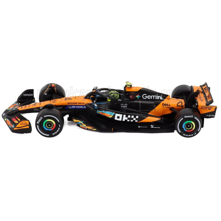 SPARK MODEL McLAREN F1 MCL39 TEAM MCLAREN N 4 WORLD CHAMPION 3rd ABU DHABI GP WITH PIT BOARD 2025 LANDO NORRIS - ORANGE BLACK