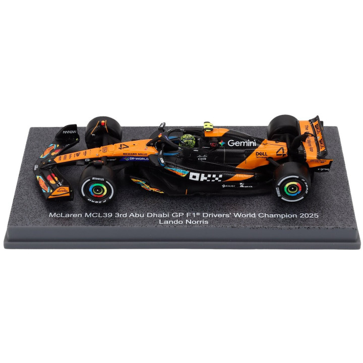 SPARK MODEL McLAREN F1 MCL39 TEAM MCLAREN N 4 WORLD CHAMPION 3rd ABU DHABI GP WITH PIT BOARD 2025 LANDO NORRIS - ORANGE BLACK
