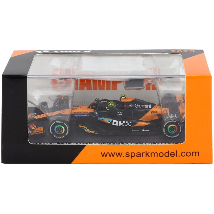 SPARK MODEL McLAREN F1 MCL39 TEAM MCLAREN N 4 WORLD CHAMPION 3rd ABU DHABI GP WITH PIT BOARD 2025 LANDO NORRIS - ORANGE BLACK