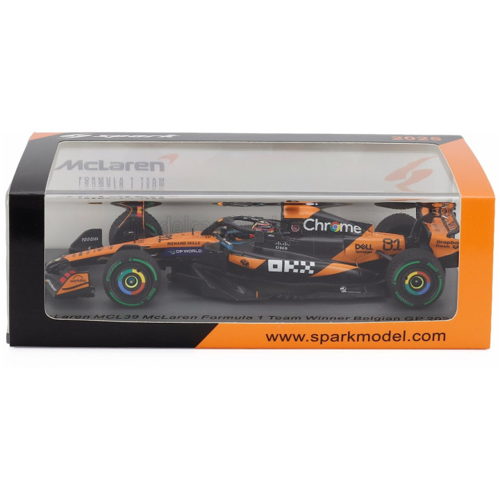 SPARK MODEL McLAREN F1 MCL39 TEAM MCLAREN N 81 WINNER BELGIUM GP (WITH RAIN TIRES) 2025 OSCAR PIASTRI - ORANGE BLACK 1/43