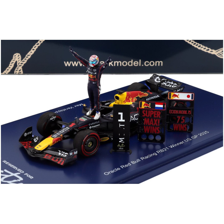 SPARK MODEL RED BULL F1 RB21 TEAM ORACLE RED BULL RACING N 1 WINNER USA GP (WITH PIT BOARD SUPER MAX! 75 WINS) 2025 MAX