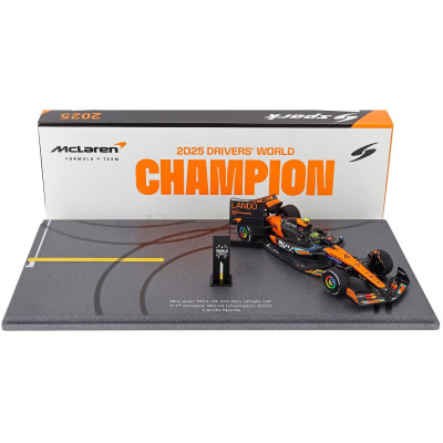 SPARK MODEL McLAREN F1 MCL39 TEAM MCLAREN N 4 WORLD CHAMPION 3rd ABU DHABI GP WITH PIT BOARD 2025 LANDO NORRIS - ORANGE BLACK