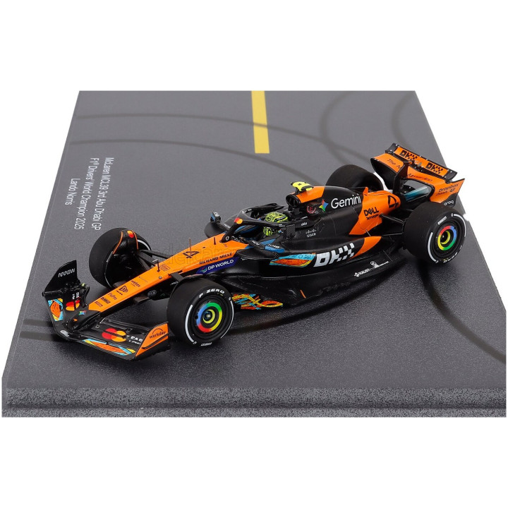 SPARK MODEL McLAREN F1 MCL39 TEAM MCLAREN N 4 WORLD CHAMPION 3rd ABU DHABI GP WITH PIT BOARD 2025 LANDO NORRIS - ORANGE BLACK